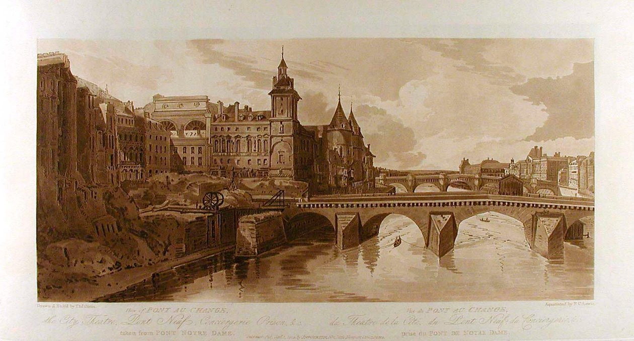 Vista del Pont au Change, el Teatro de la Ciudad, el Pont Neuf, la prisión de la Conciergerie, etc., tomada desde el Pont Notre-Dame de Thomas Girtin
