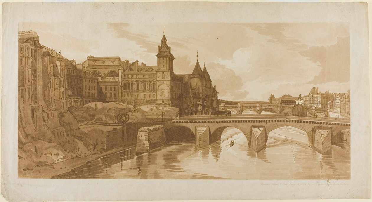 Vista del Pont au Change, el Teatro de la Ciudad, Pont Neuf, Prisión de la Conciergerie, etc. desde el Pont Notre Dame, de Una selección de veinte de las vistas más pintorescas de París de Thomas Girtin