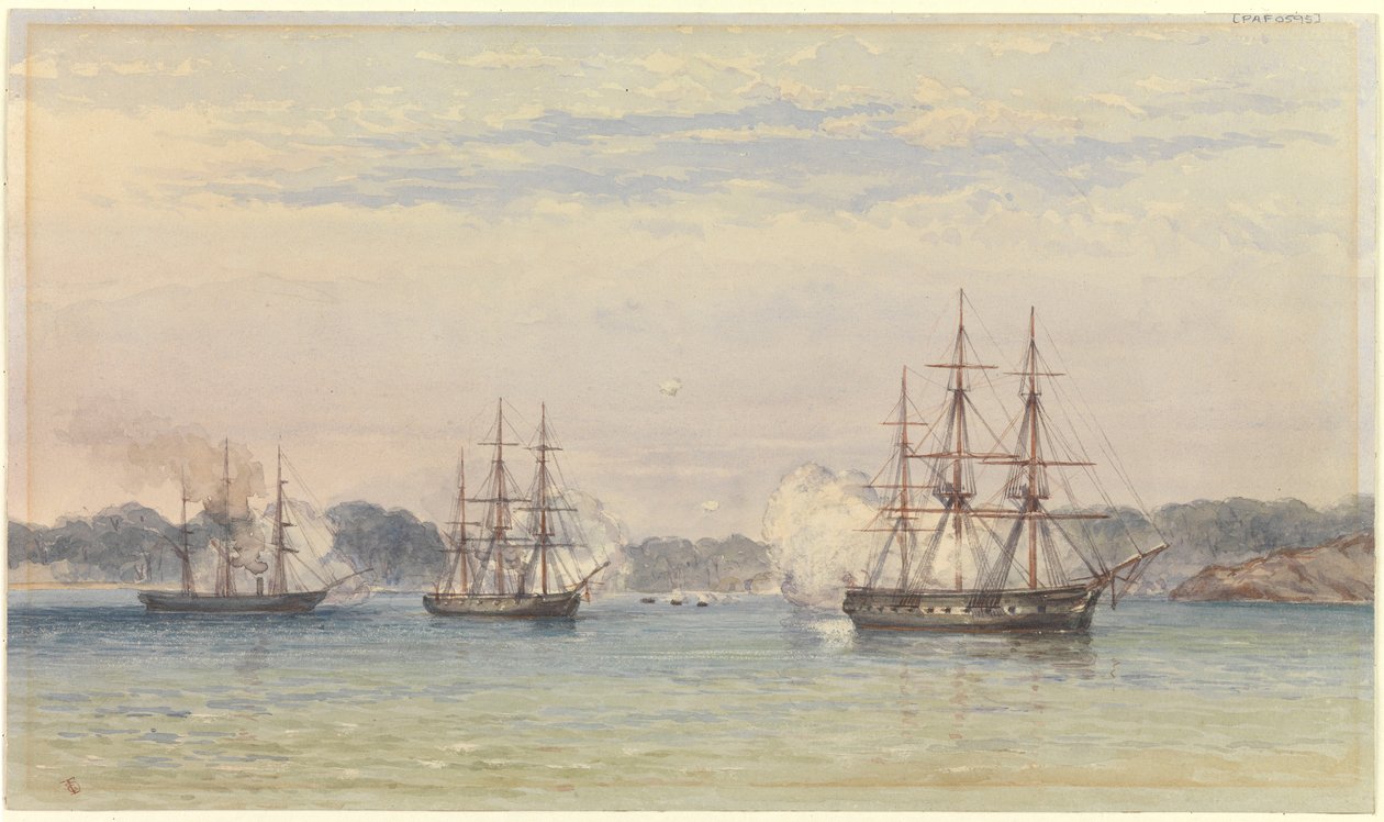 La Guerra de China 1857, tres de los buques de Su Majestad bombardeando y barcos en la costa de Thomas Goldsworth Dutton