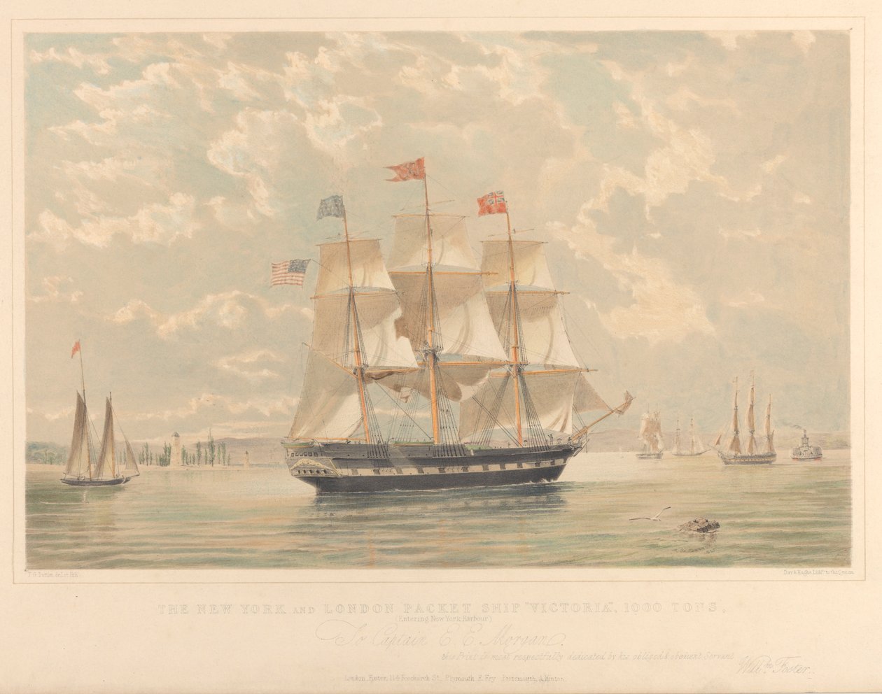 The New York and London Packet ship Victoria (entrando en el puerto de Nueva York), c.1839-44 (litografía, coloreada) de Thomas Goldsworth Dutton