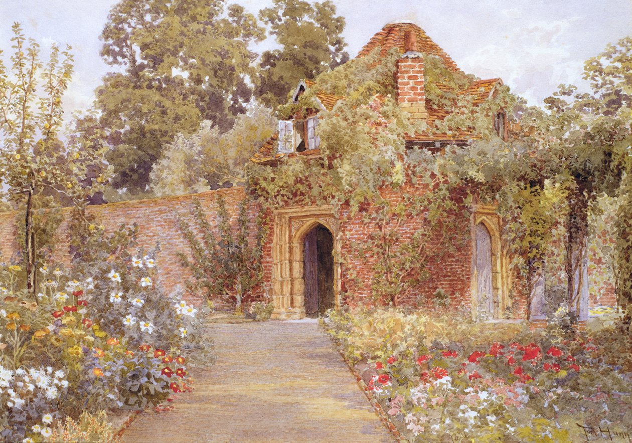 Un jardín amurallado con una antigua casa de jardín de Thomas H. Hunn