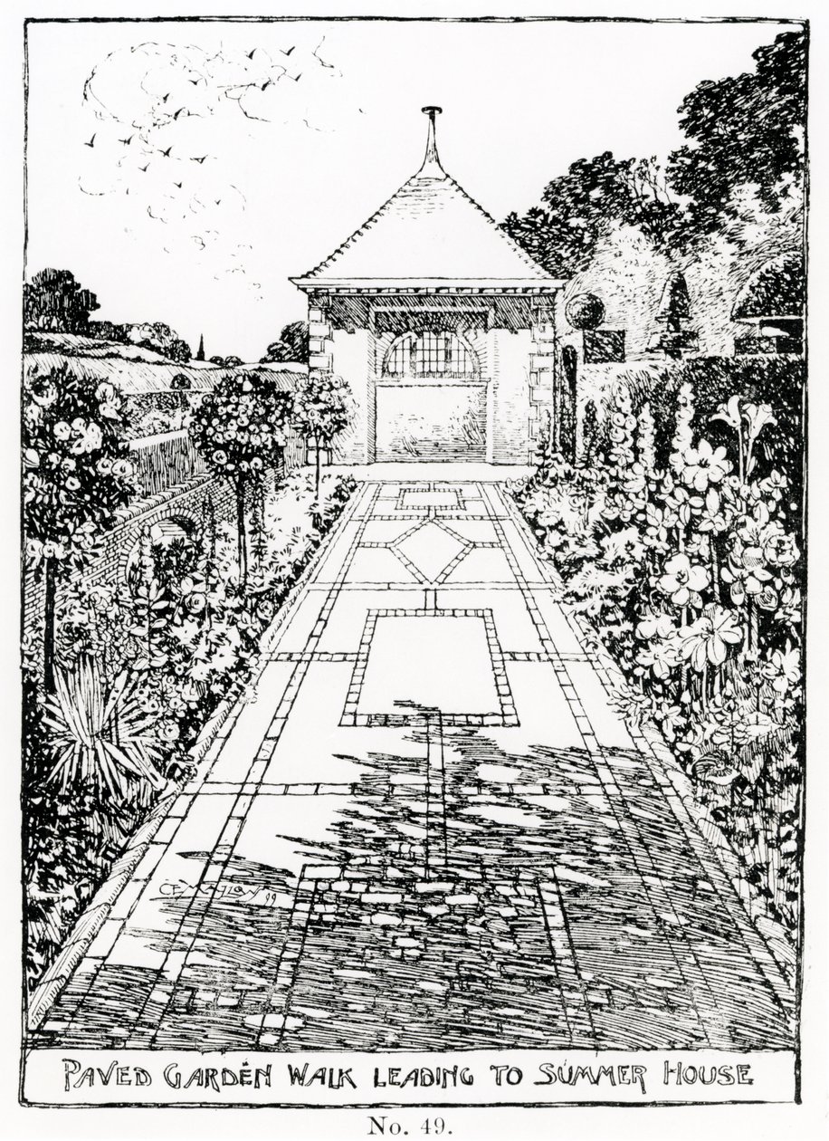 Paseo de jardín pavimentado que conduce a la casa de verano, de 