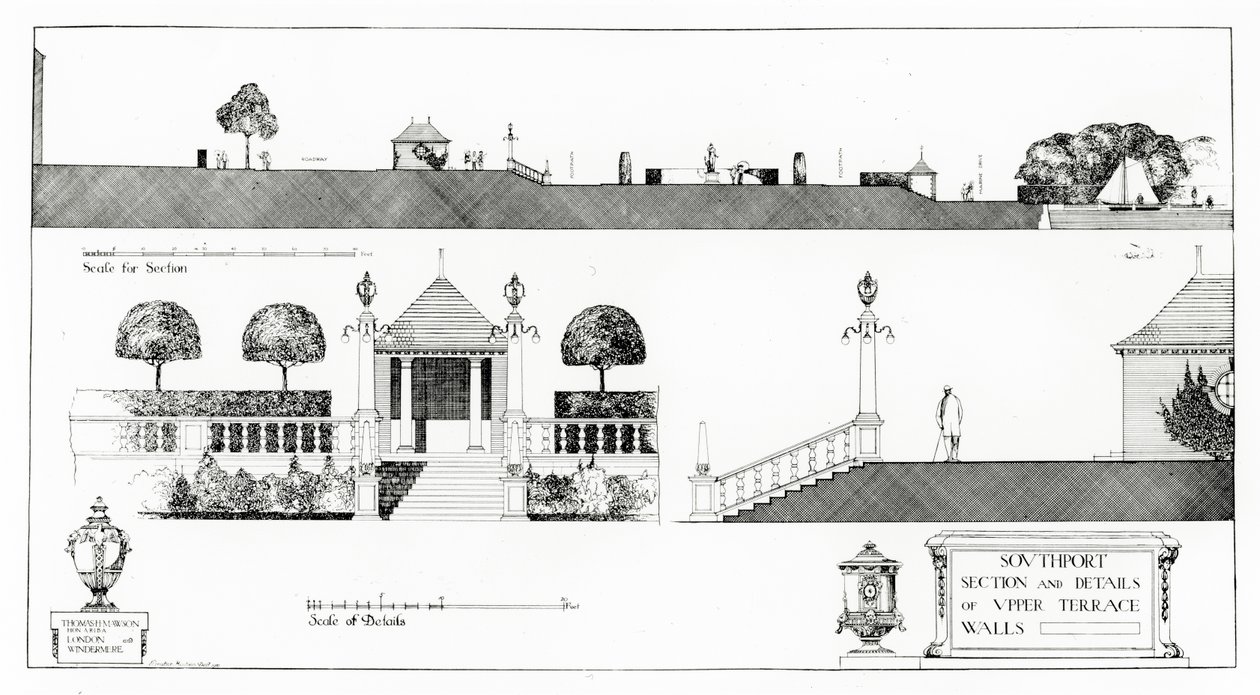 Southport: Sección y Detalles de la Terraza Superior y Muros, de 