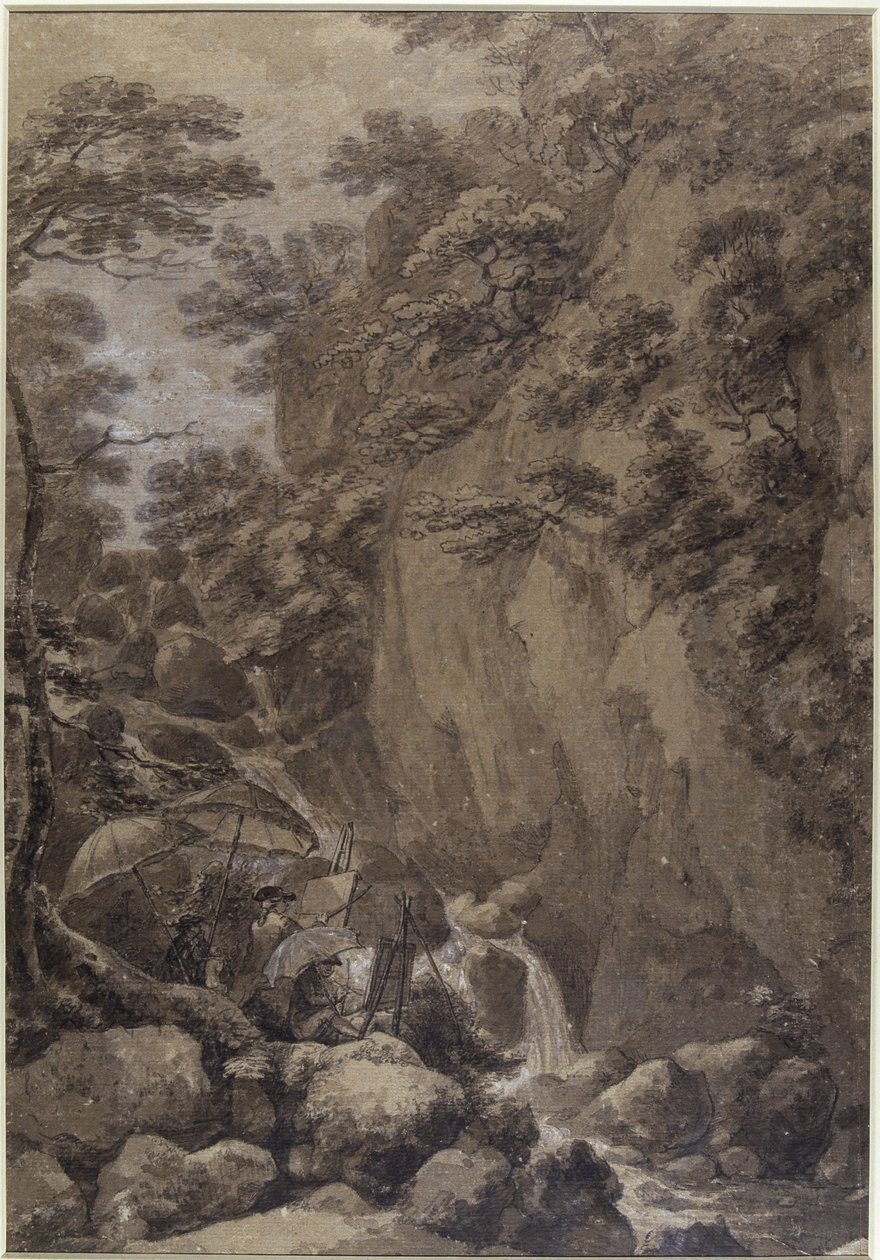 Sir George Beaumont y Joseph Farington pintando una cascada, 1777 de Thomas Hearne
