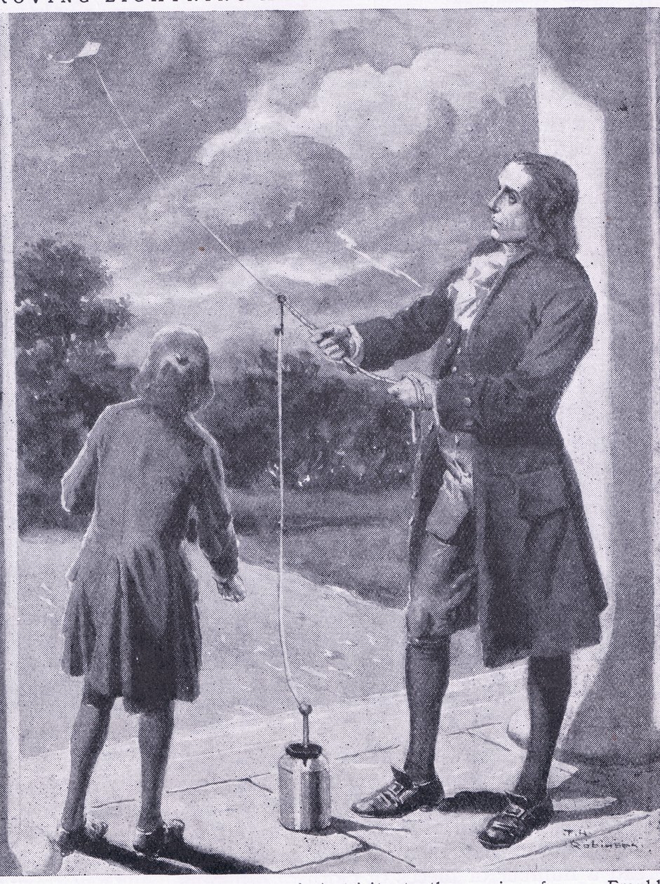 Franklin probando rayos y fenómenos eléctricos, ilustración de 