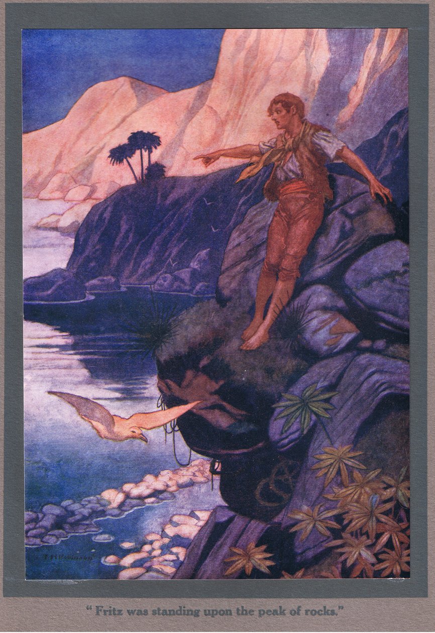 Fritz estaba de pie en la cima de las rocas (litografía en color) de Thomas Heath Robinson