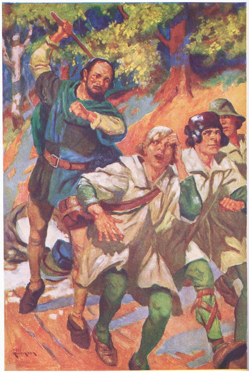 Condujo a los tres ante él, sus gritos de rabia y dolor, ahogados por sus rugidos de risa (litografía en color) de Thomas Heath Robinson
