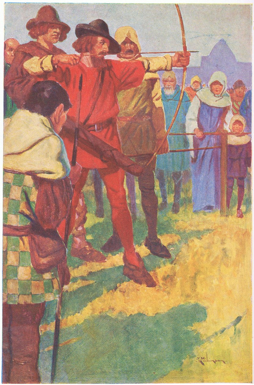 Preparó su arco durante un breve instante, y luego aflojó la cuerda (litografía en color) de Thomas Heath Robinson