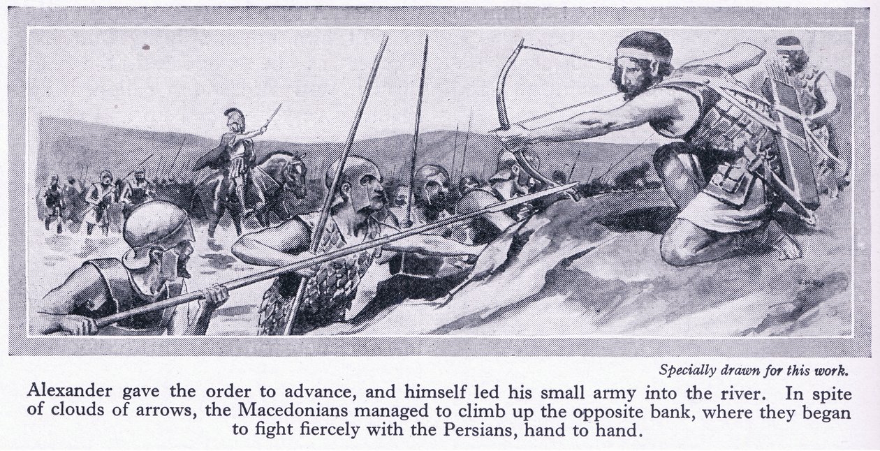 Cómo conquistó Alejandro su imperio: Darío, rey de Persia, reunió un gran ejército que fue derrotado por los macedonios en 334 a.C., c.1950 (litografía). de Thomas Heath Robinson