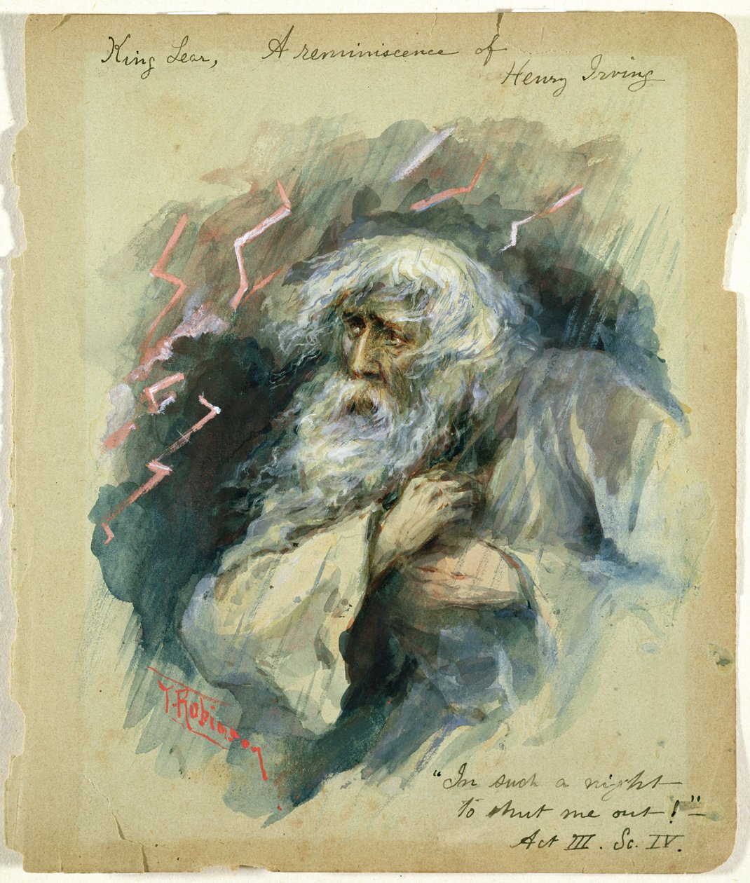 El Rey Lear, una reminiscencia de Henry Irving: "In such a night To shut me out!", Acto III, Escena 4 (acuarela) 34:Rey Lear (Acto III, Escena 4): "In such a night To shut me out!", una reminiscencia de Henry Irving (acuarela) de Thomas Heath Robinson