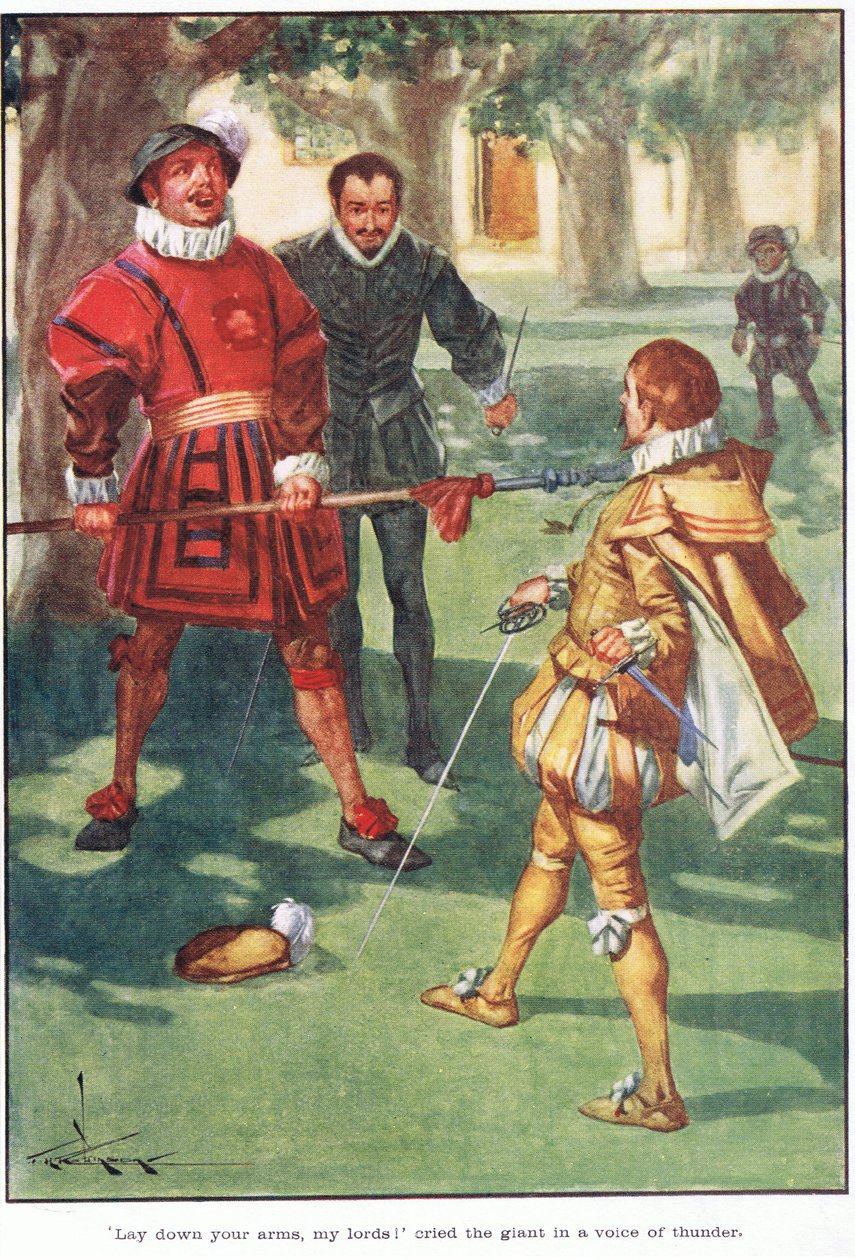 "¡Dejad las armas, mis señores!" gritó el gigante con voz de trueno (litografía en color) de Thomas Heath Robinson