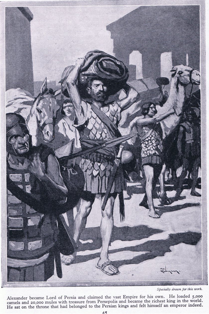 Saqueando una ciudad de tesoros: Alejandro se convirtió en señor de Persia. Cargó con todos los tesoros de Persépolis para hacerse muy rico, c.1950 (litografía) de Thomas Heath Robinson