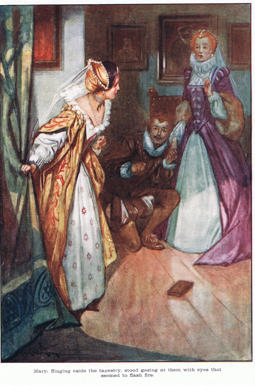 María, apartando el tapiz, se quedó mirándolos con ojos que parecían destellar fuego (litografía en color) de Thomas Heath Robinson