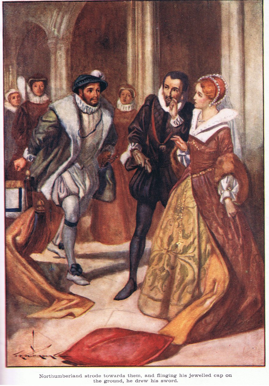 Northumberland se dirigió hacia ellos, y arrojando al suelo su capa enjoyada, desenvainó su espada (litografía en color) de Thomas Heath Robinson
