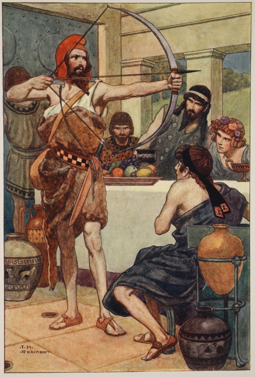 Odiseo castiga a los pretendientes (litografía en color) de Thomas Heath Robinson