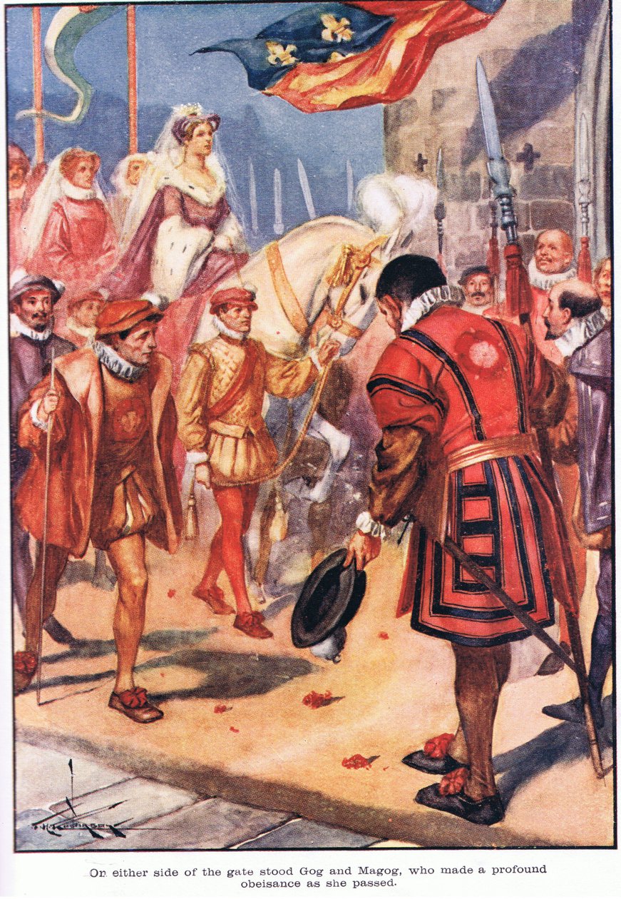 A ambos lados de la puerta Gog y Magog, que hicieron una profunda reverencia al pasar (litografía en color). de Thomas Heath Robinson