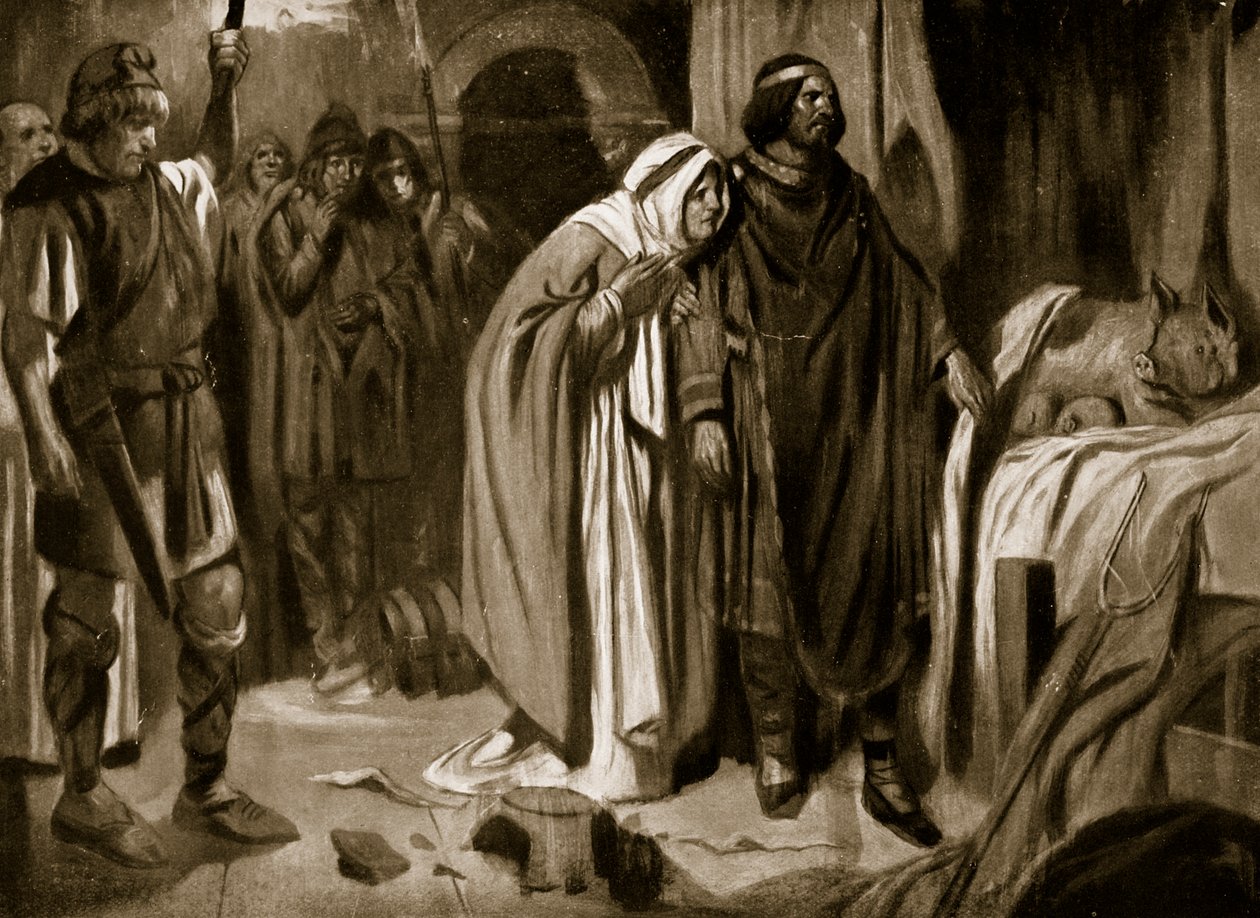 La reina Ethelburga convence a Ine de Wessex para que renuncie a la corona, 728, ilustración de "Hutchinson