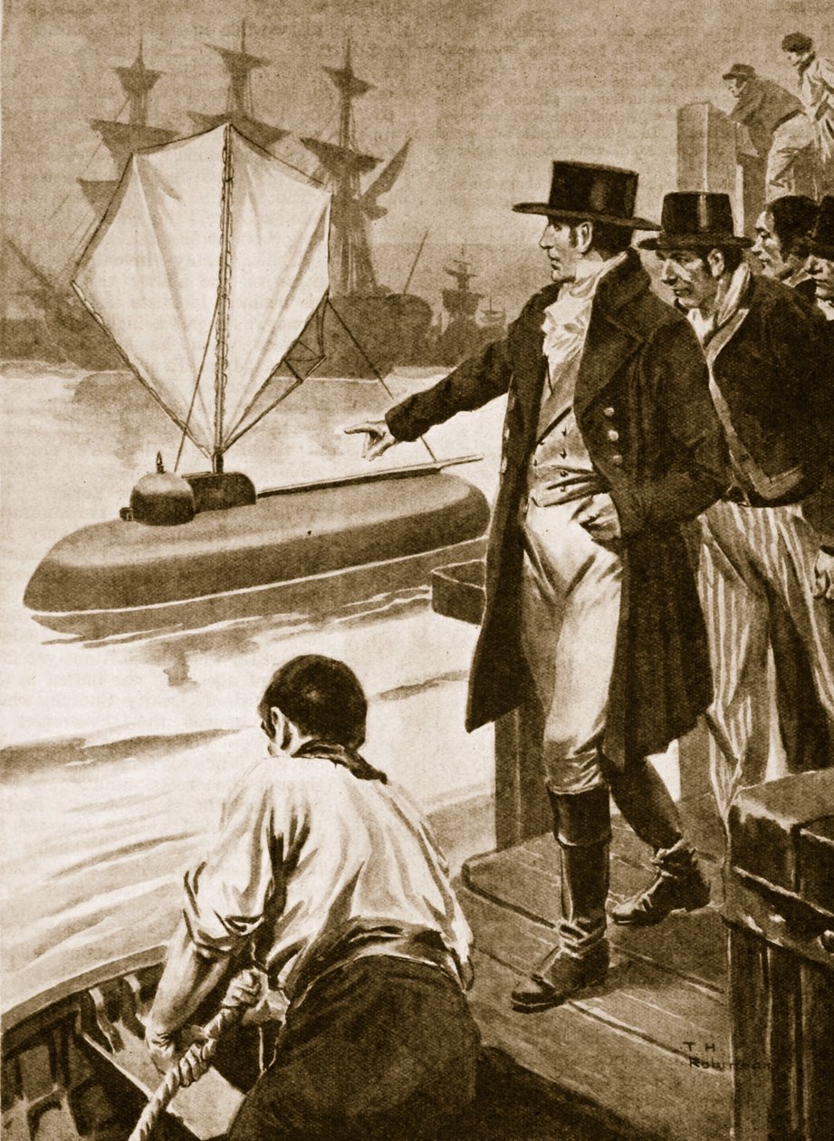 Robert Fulton en Francia mostrando su submarino "Nautilus" en funcionamiento (litografía) de Thomas Heath Robinson