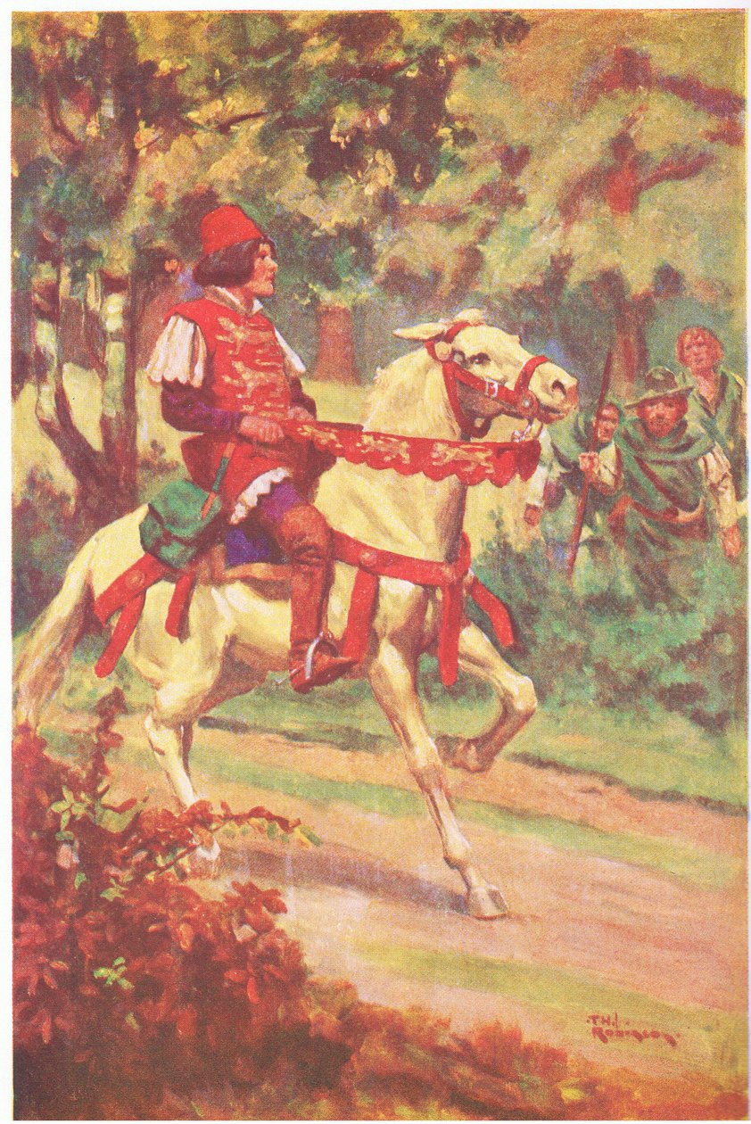 Robin y su compañero vieron al maestro Patrington cabalgando hacia ellos (litografía en color) de Thomas Heath Robinson