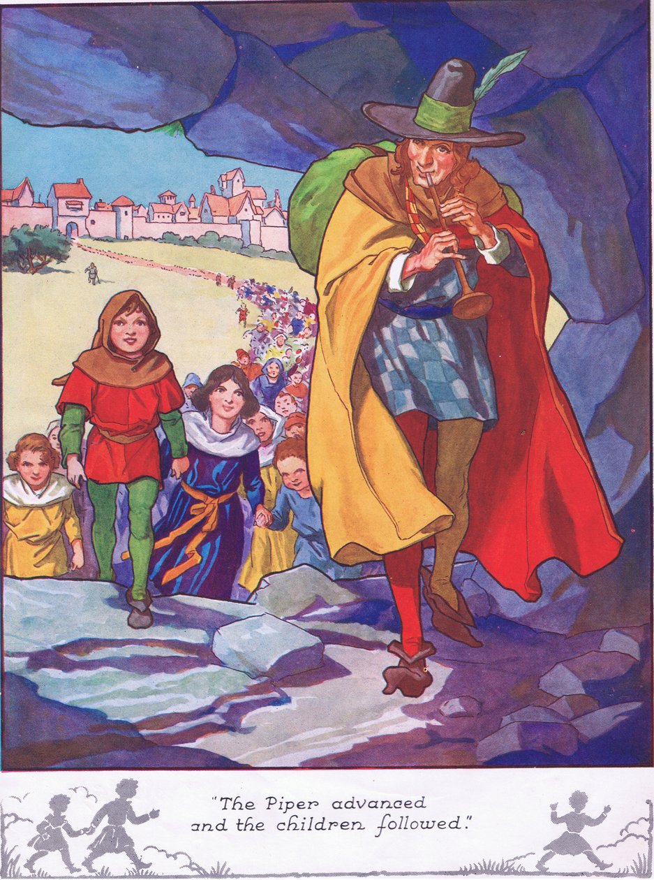 El gaitero avanzó y los niños le siguieron (litografía en color) de Thomas Heath Robinson