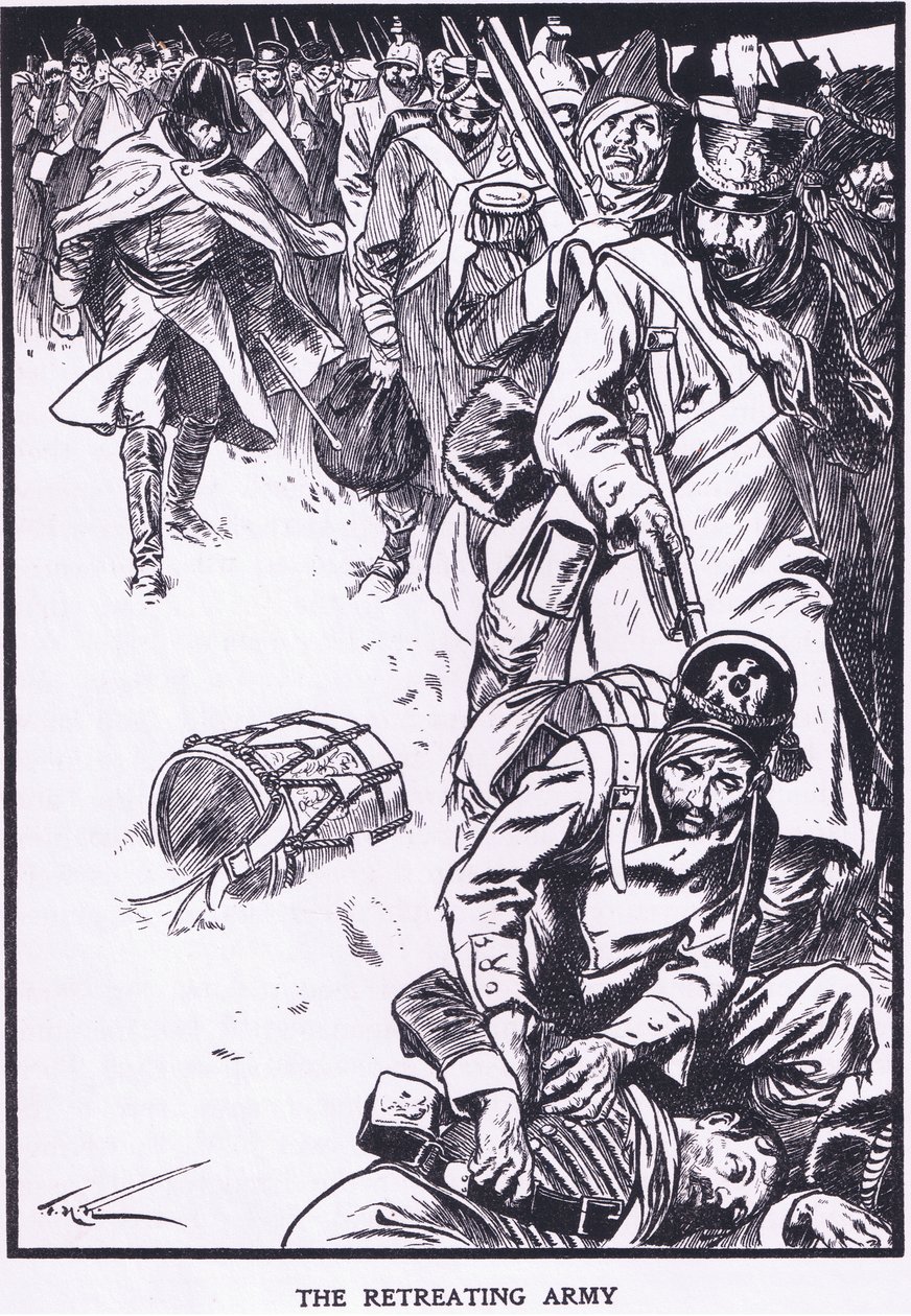 El ejército en retirada (litografía en color) de Thomas Heath Robinson