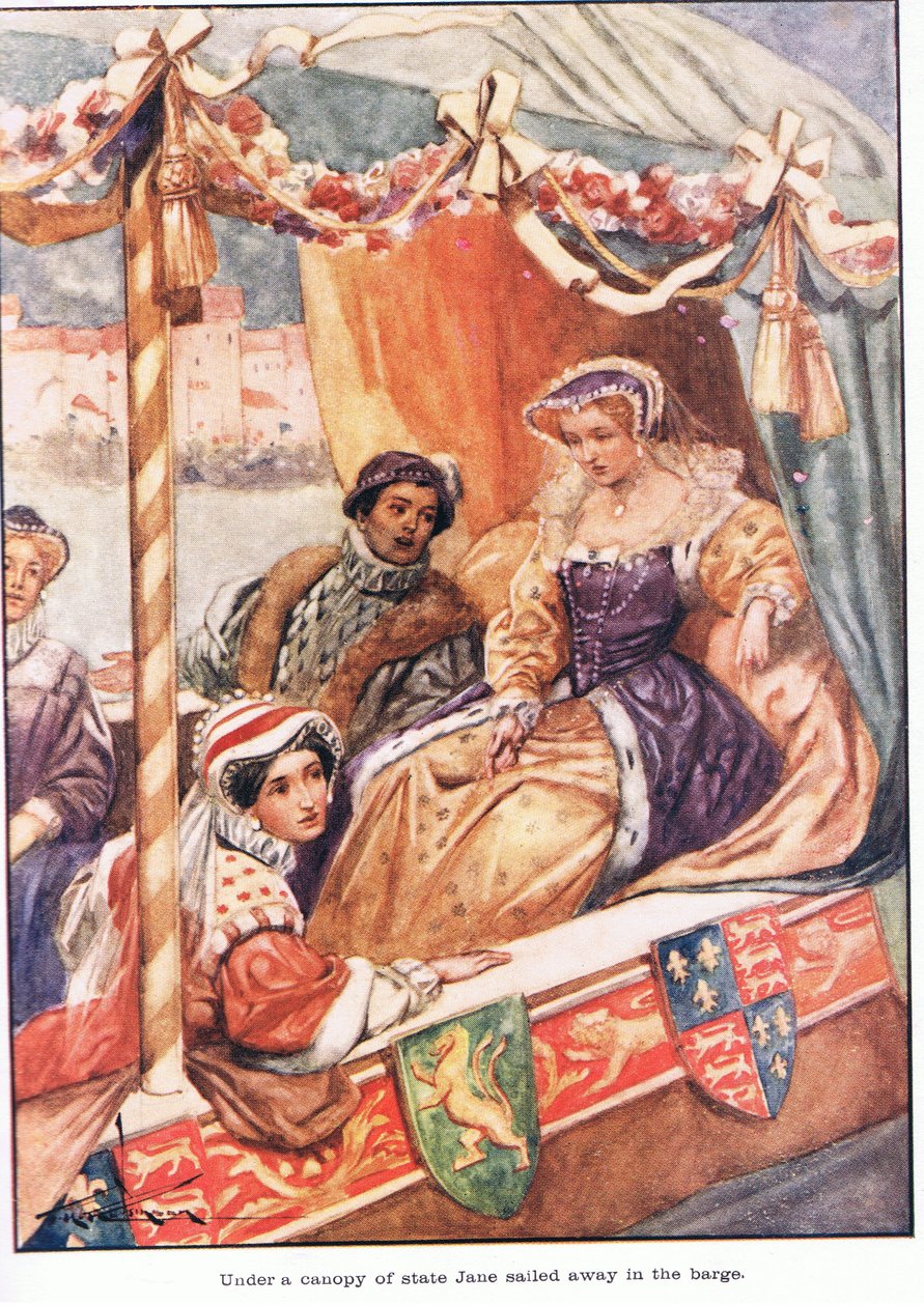 Bajo un dosel de estado, Jane se alejó en la barcaza (litografía en color) de Thomas Heath Robinson