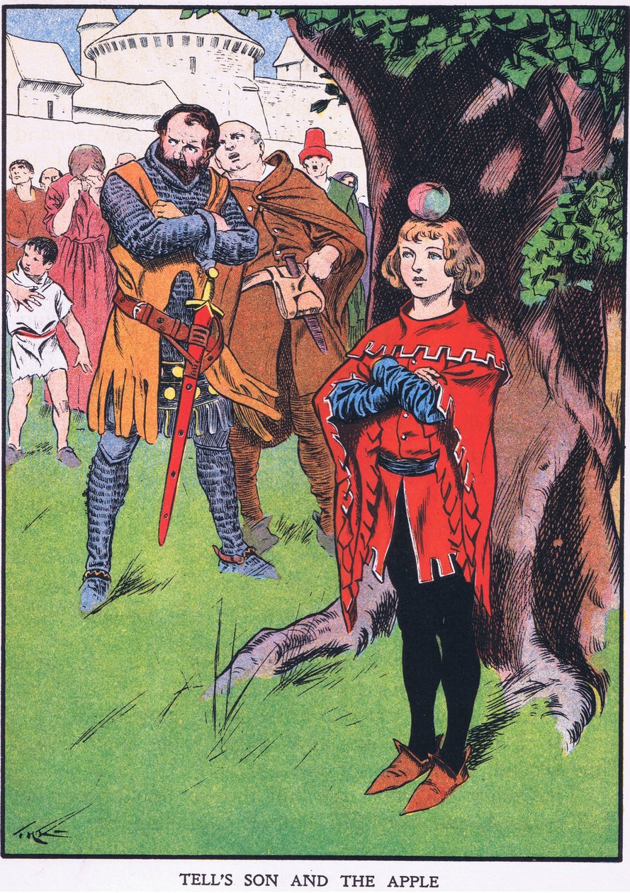 El hijo de Guillermo Tell y la manzana (litografía en color) de Thomas Heath Robinson