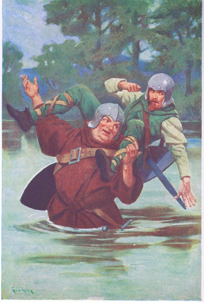 Con un tirón de sus grandes manos, envió al forajido a la corriente (litografía en color). de Thomas Heath Robinson