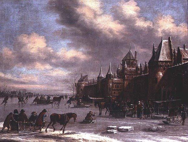 Escena de patinaje holandesa en un estuario de Thomas Heeremans