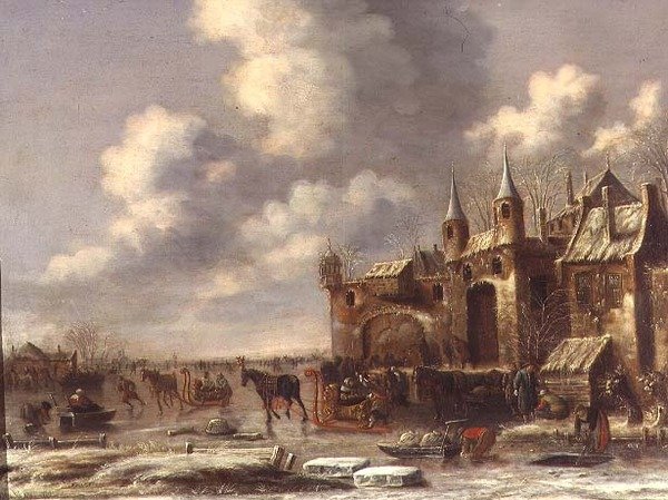 Gente del pueblo en el hielo junto a una puerta de la ciudad de Thomas Heeremans