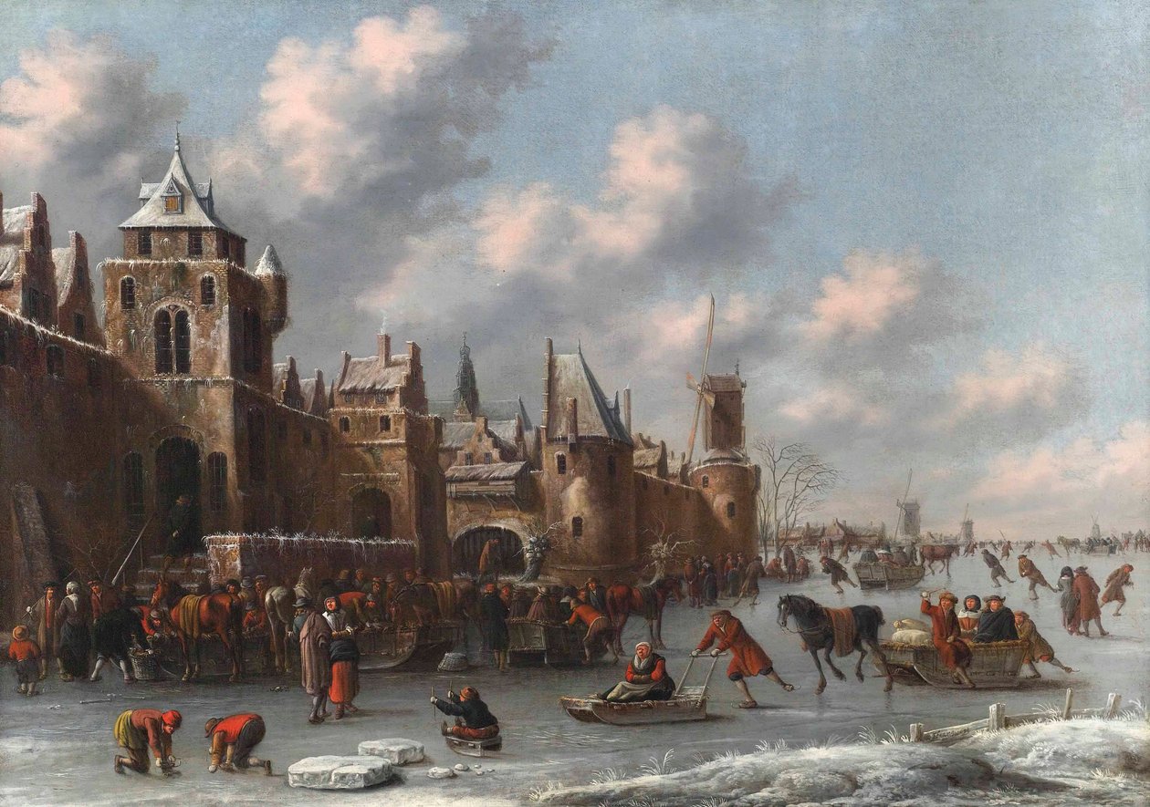 Paisaje invernal con figuras patinando y deslizándose en trineo sobre un foso helado junto a una ciudad fortificada de Thomas Heeremans