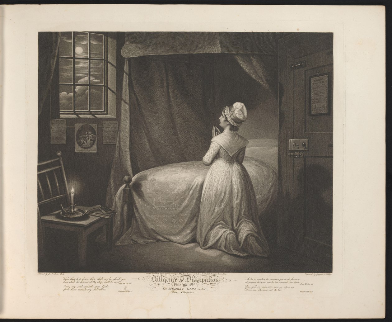 Criada humilde que ruega en su dormitorio Lámina 4. La chica modesta en el dormitorio (título del objeto) Virtud and Debauchery (título de la serie) Diligencia y disipación (título de la serie sobre el objeto) de Thomas Hellyer