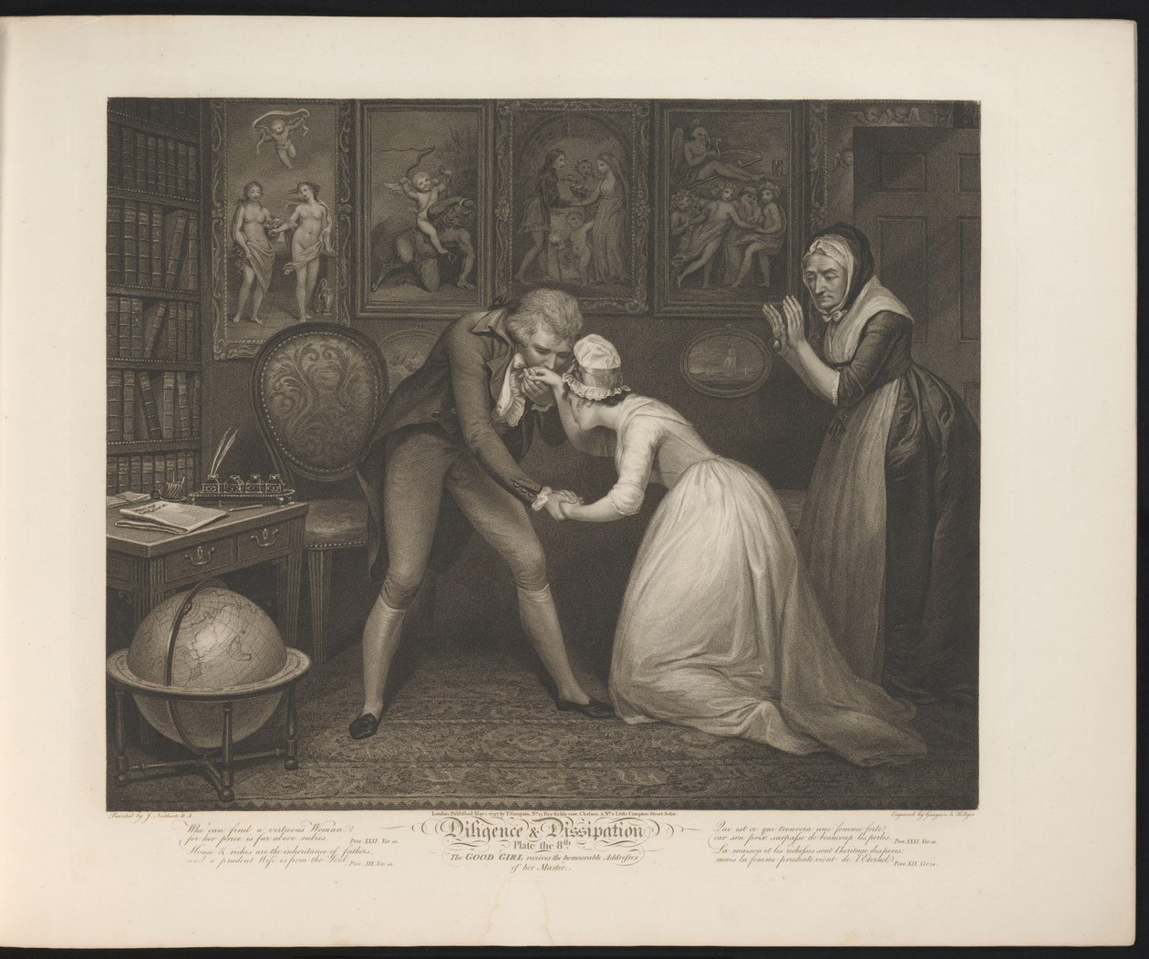 El señor de la casa le propone matrimonio a la humilde sirvienta Lámina 8. La niña buena recibe las direcciones honorables de su amo (título sobre el objeto) Virtud and Debauchery (título de la serie) Diligencia y disipación (título de la serie sobre el ob de Thomas Hellyer