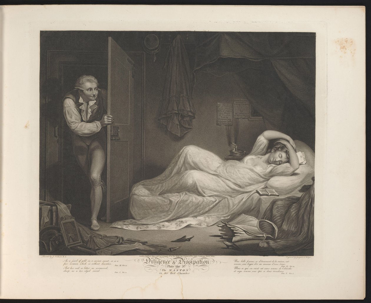 Criada libertina durmiendo mientras un hombre se cuela Lámina 3. The Wanton in the Bed Chamber (título sobre el objeto) Virtud and Debauchery (título de la serie) Diligencia y disipación (título de la serie sobre el objeto) de Thomas Hellyer