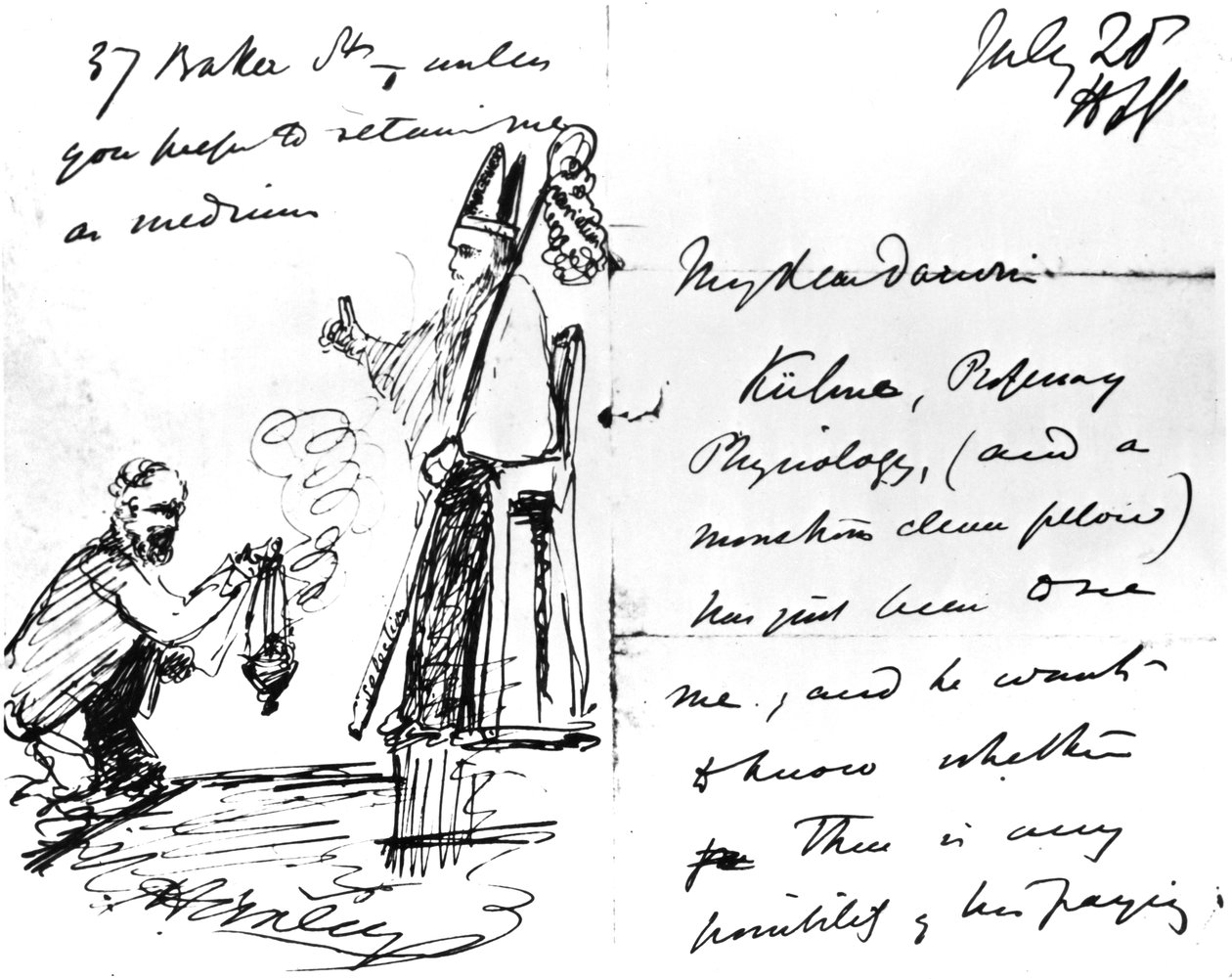 Una carta de Thomas Henry Huxley a Charles Darwin, con un boceto de Darwin como obispo o santo, 20 de julio de 1868 de Thomas Henry Huxley