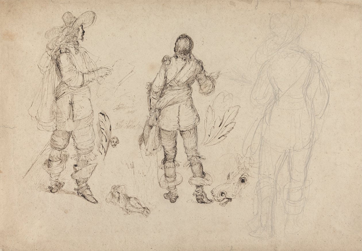 Página de bocetos de caballerías, cabezas de caballo y penachos de Thomas Henry Nicholson