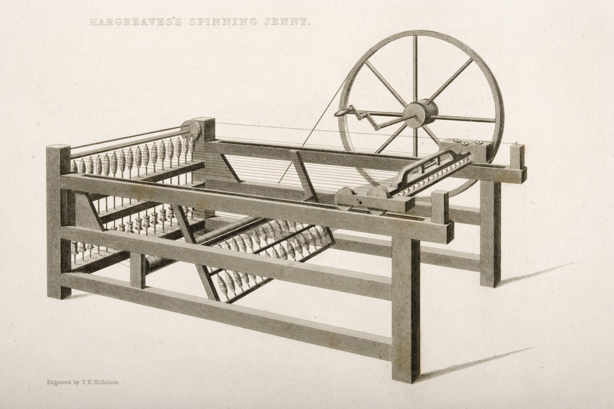 La Spinning Jenny, inventada por James Hargreaves en 1764, 1835 de Thomas Henry Nicholson