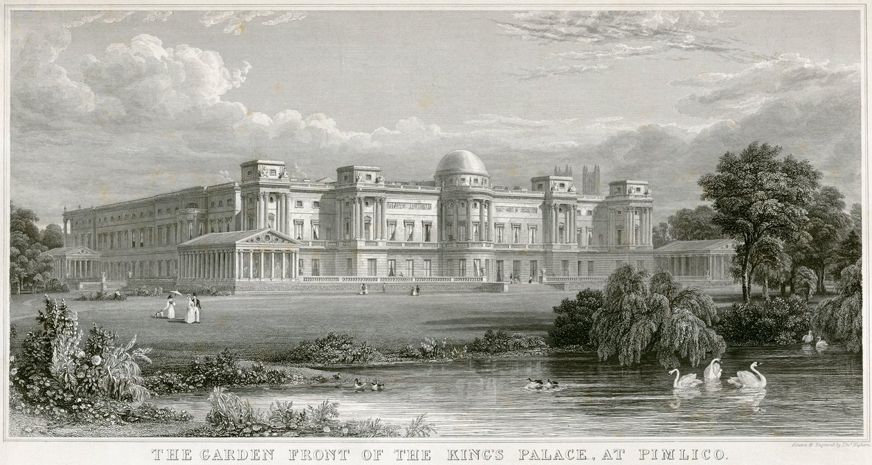 La fachada del jardín del palacio del rey en Pimlico, Palacio de Buckingham, Londres, 1829 de Thomas Higham