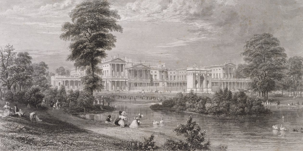 Vista del Palacio de Buckingham y el Arco de Mármol, desde el Parque de St. James, c.1835 de Thomas Higham