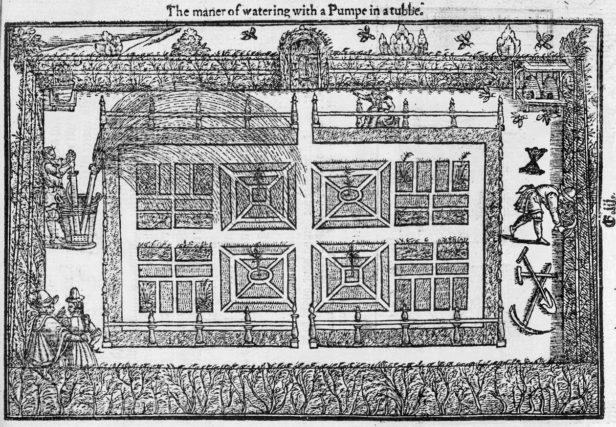 El modo de regar con una bomba en un cubo, de The Gardeners Labyrinth, 1577 de Thomas Hill