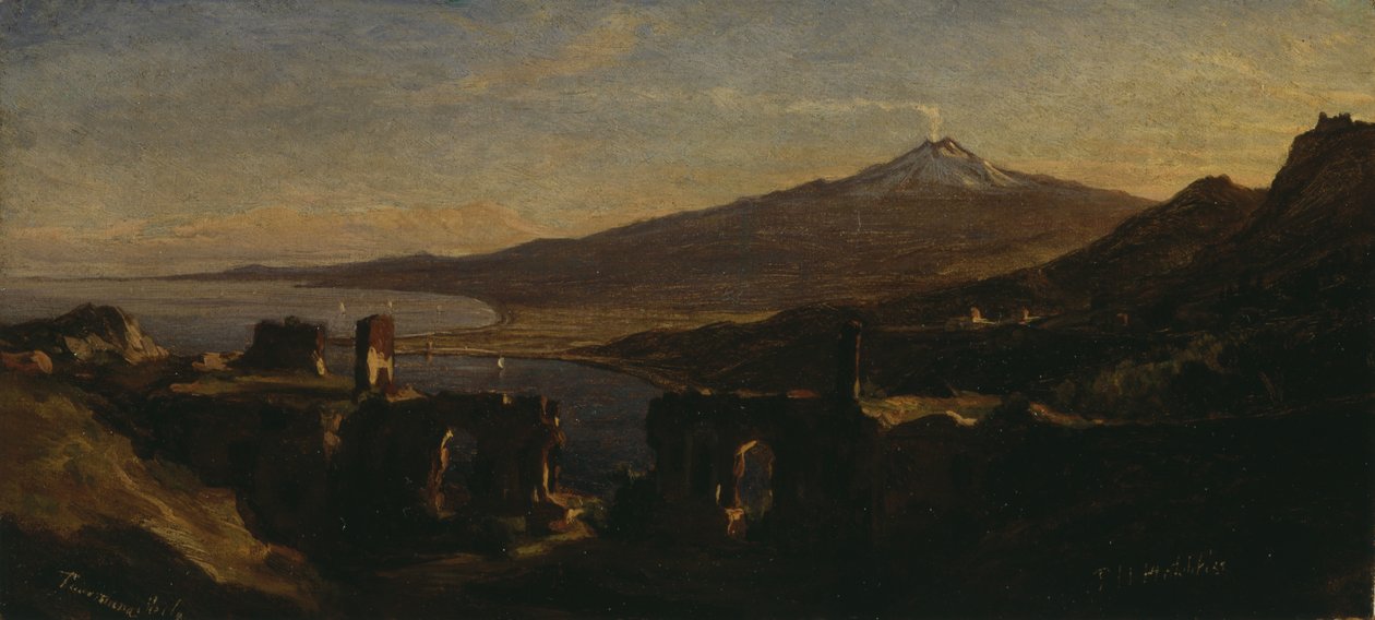 Vista desde las Ruinas del Teatro Griego en Taormina, Sicilia, con el Monte Etna (fumando) de Thomas Hiram Hotchkiss