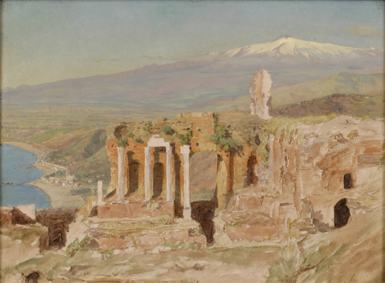 Vista de las Ruinas del Teatro Griego en Taormina y el Monte Etna, Sicilia de Thomas Hiram Hotchkiss