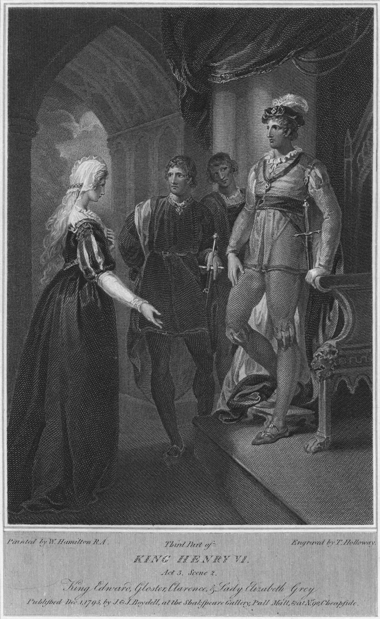 Tercera parte del Rey Enrique VI. Acto 3. Escena 2. Rey Eduardo, Gloucester, Clarence y Lady Elizabeth Gre de Thomas Holloway