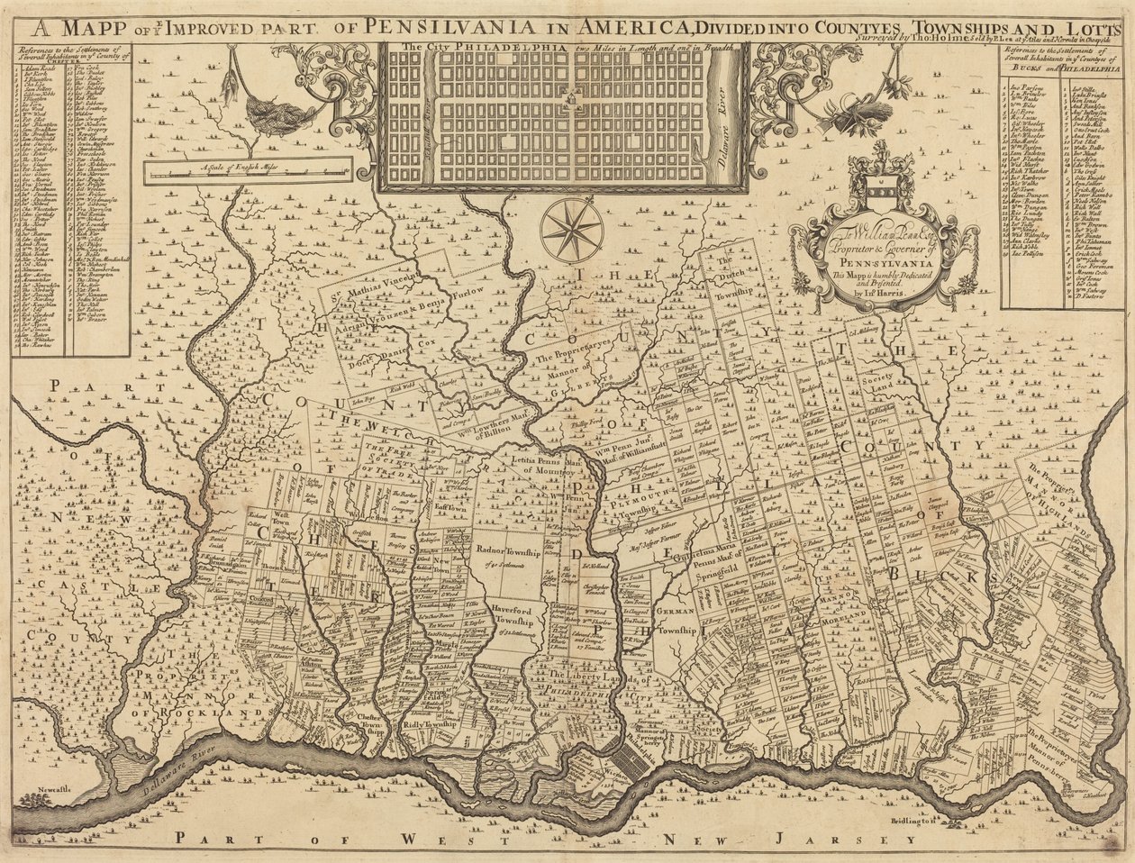 Mapa de la parte mejorada de Pensilvania en América, dividida en condados, municipios y lotes de Thomas Holme