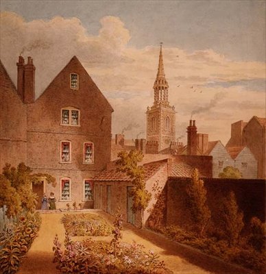 Vista de la casa y jardín del Sr. Upcott con la iglesia de Islington en la distancia, c.1835 de Thomas Hosmer Shepherd