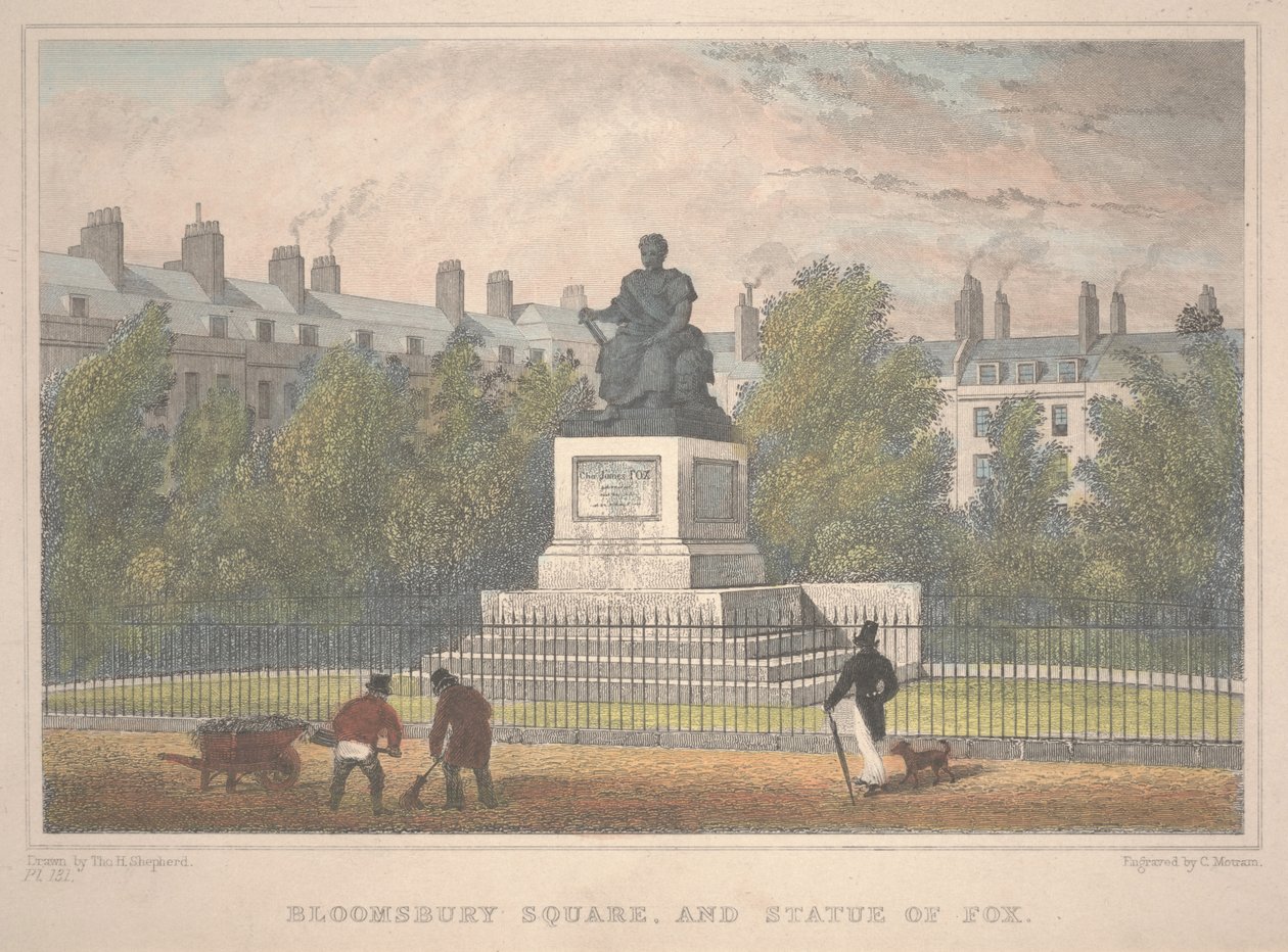 Bloomsbury Square con estatua de Fox, grabado por Charles Mottram de Thomas Hosmer Shepherd