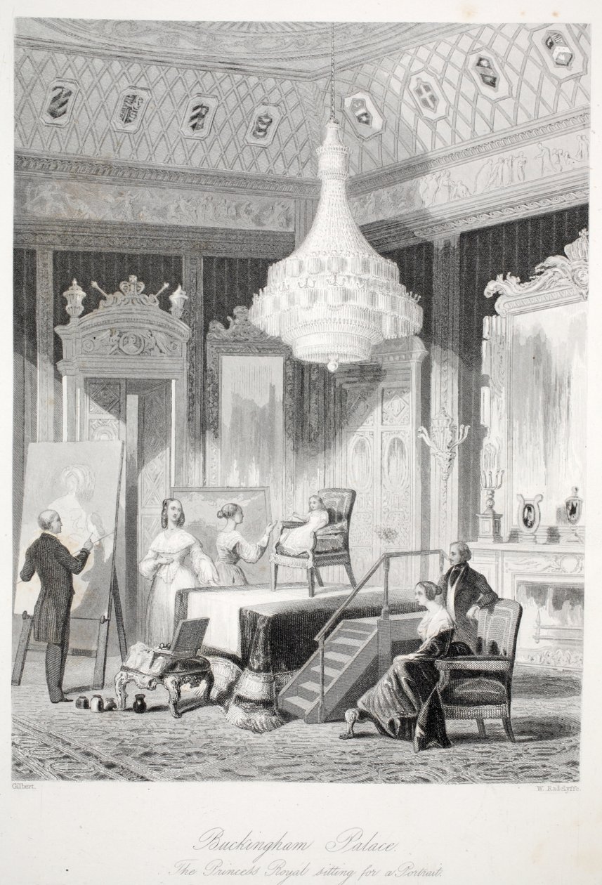 Palacio de Buckingham - La Princesa Real posando para un retrato, de Interiores de Londres con sus trajes y ceremonias pub. Joseph Mead, Londres, c.1843 de Thomas Hosmer Shepherd
