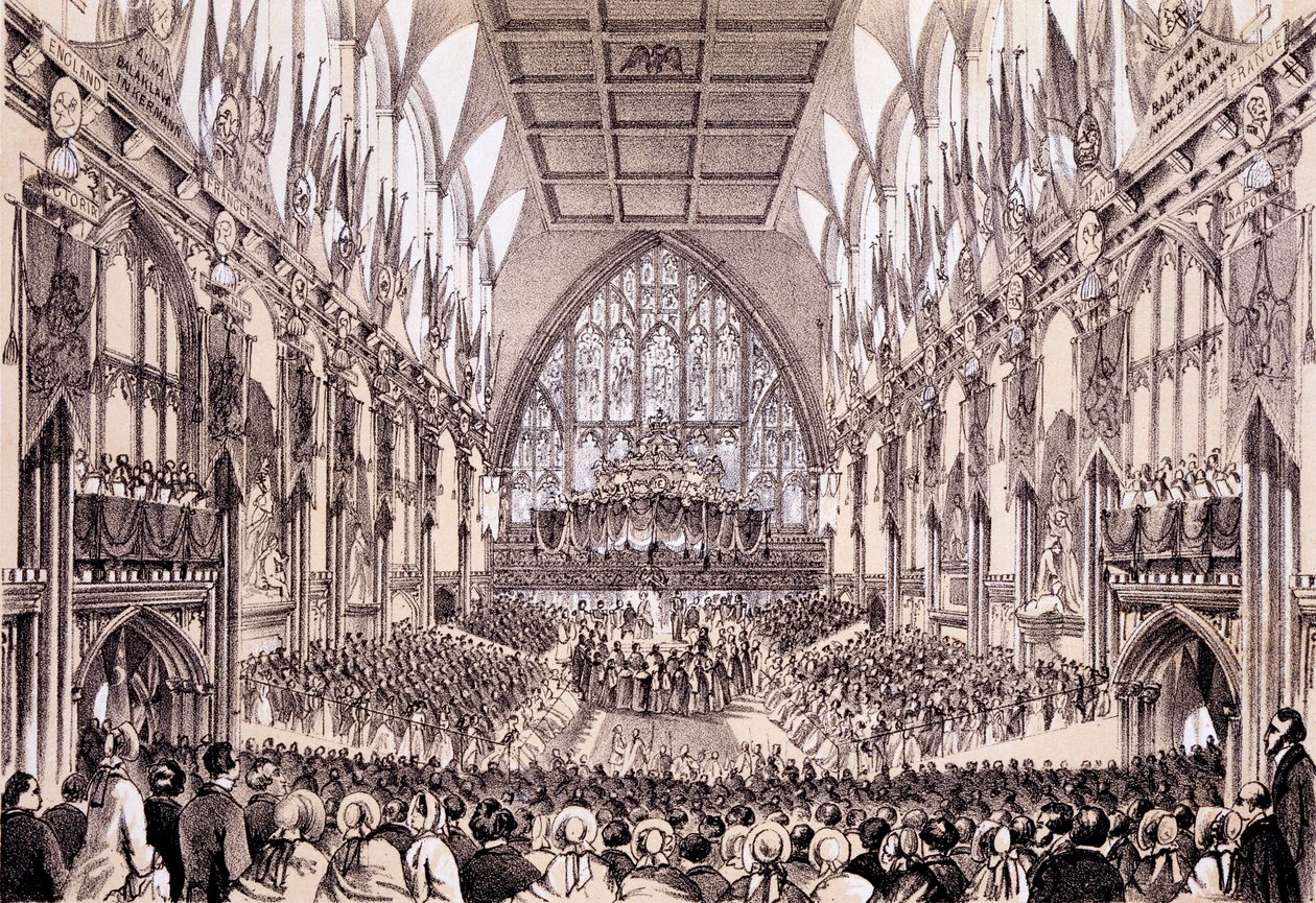 Interior del Guildhall - El Alcalde y la Corporación presentando su dirección al Emperador y la Emperatriz de Francia, 19 de abril de 1855 de Thomas Hosmer Shepherd