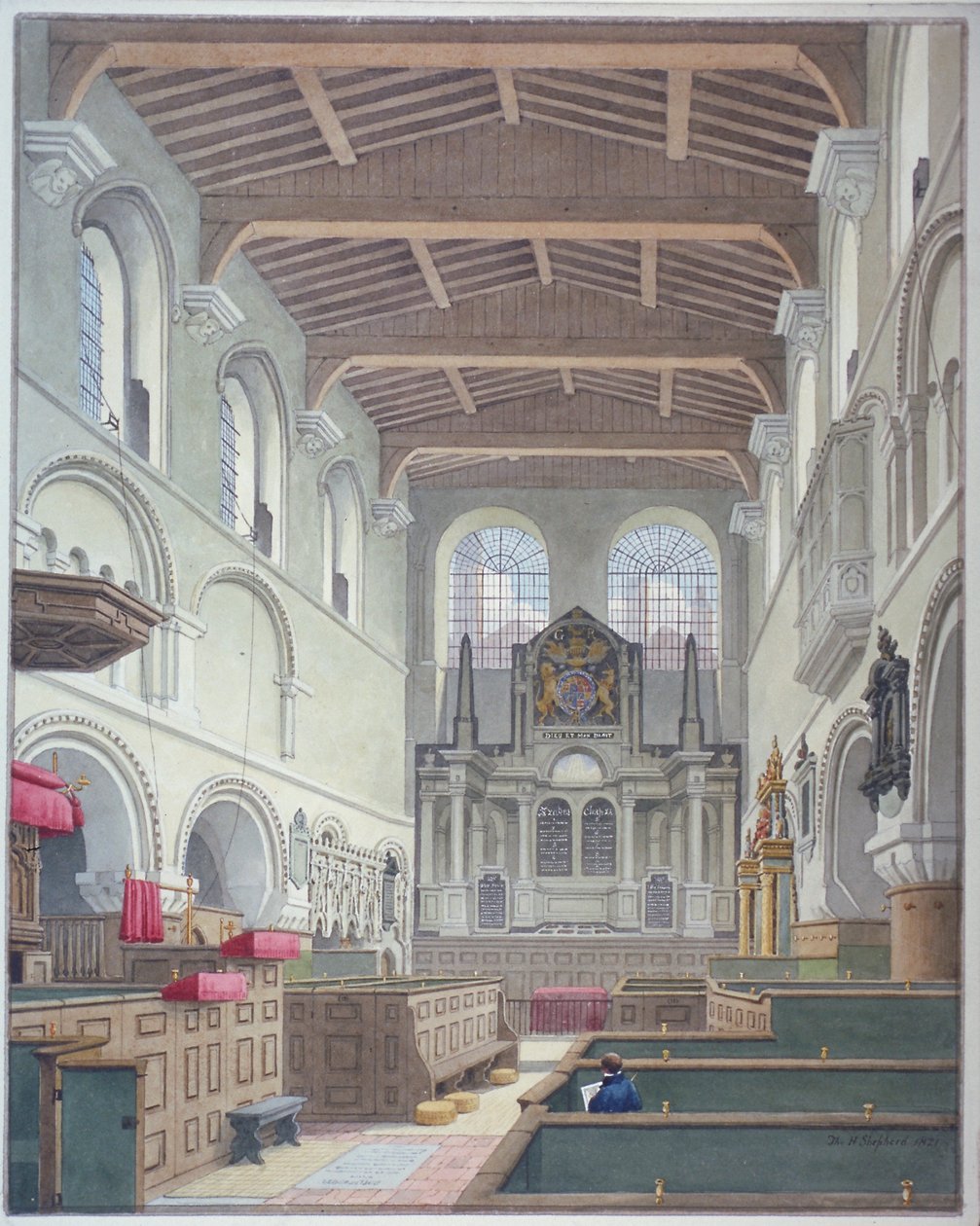 Vista interior de la Iglesia de San Bartolomé el Grande, Smithfield, Ciudad de Londres, 1821 de Thomas Hosmer Shepherd