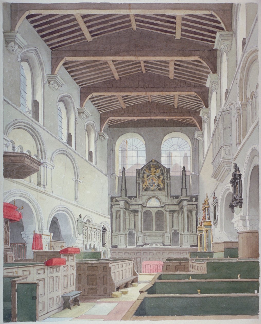 Vista interior de la Iglesia de San Bartolomé el Grande, Smithfield, Ciudad de Londres, 1821 de Thomas Hosmer Shepherd